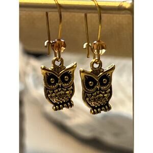 Earring With Owl Charms Dangle Gold Tone Hypoallergenic Ear Wires Amber Crystal